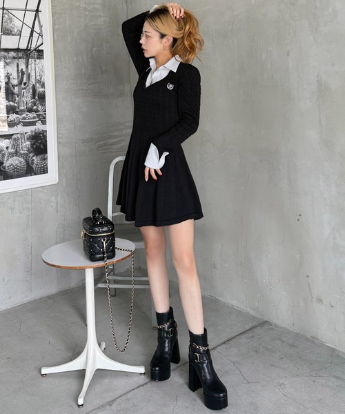 セール】オリジナルカレッジロゴシャツ付ケーブルニットミニフレア