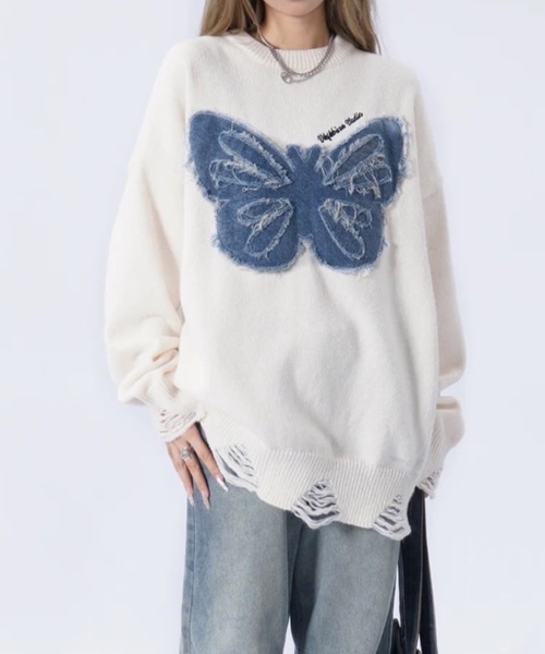 FUNdaysion(ファンデイション)の「バタフライニットトップス(ニット/セーター・レディース・ホワイト/ブラック・M)」の2枚目の写真