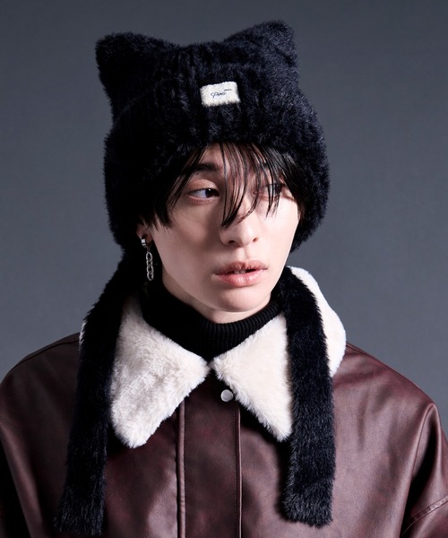 Ellno Loset(エルノロゼット)の「ネコミミニットビーニー(ニットキャップ/ビーニー・メンズ・レッド/ブラック/ホワイト・FREE)」の1枚目の写真