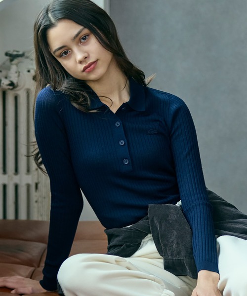 ヤ*ク様 定番　LACOSTE ネイビー リブニット ラコステ LACOSTE Vネックリブニットセーター（ネイビー