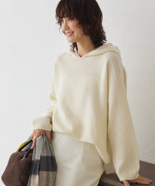 RIVE DROITE(リヴドロワ)の「【フードがアクセントに】ウール100ホールガーメントフーディ(ニット/セーター・レディース・チャコールグレー/オフホワイト・FREE)」の2枚目の写真