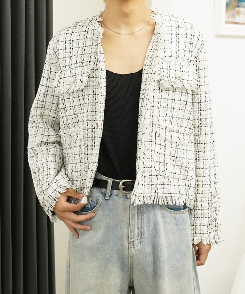 ドゥロワー ノーカラージャケット フリンジ付き ホワイト/ブラック