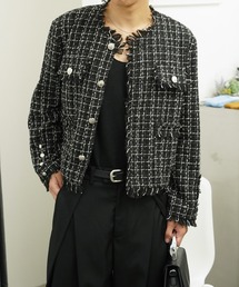 GLARE(OA)́yGLAREzV[g tW cC[h m[J[WPbg / Fringe Tweed Collarless Jacket(m[J[WPbg)