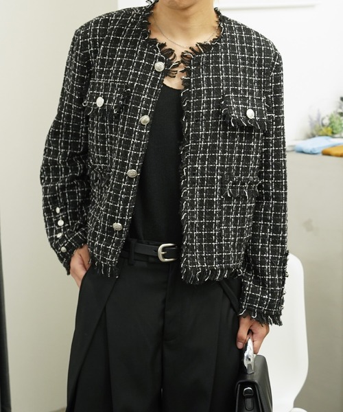 Drawer ツイード　フリンジ　ノーカーラー　ジャケット　ブラック Drawer（ドゥロワー）の「Drawer ツイードフリンジノーカラー