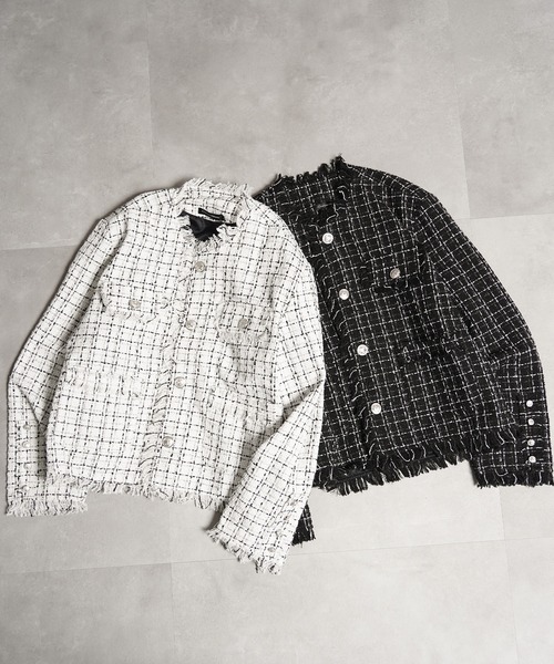 GLARE】ショート丈 フリンジ ツイード ノーカラージャケット / Fringe GLARE】ショート丈 フリンジ ツイード ノーカラージャケット / Fringe