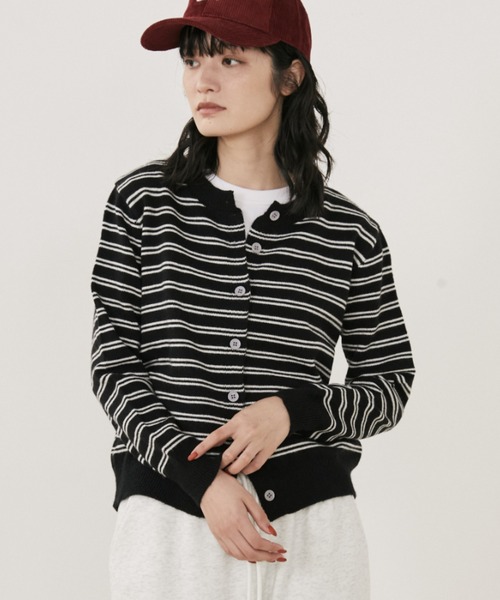 Random RIBシャツカーディガン ホワイト/ブラック　ボーダー Random RIBシャツカーディガン ホワイト/ブラック ボーダー