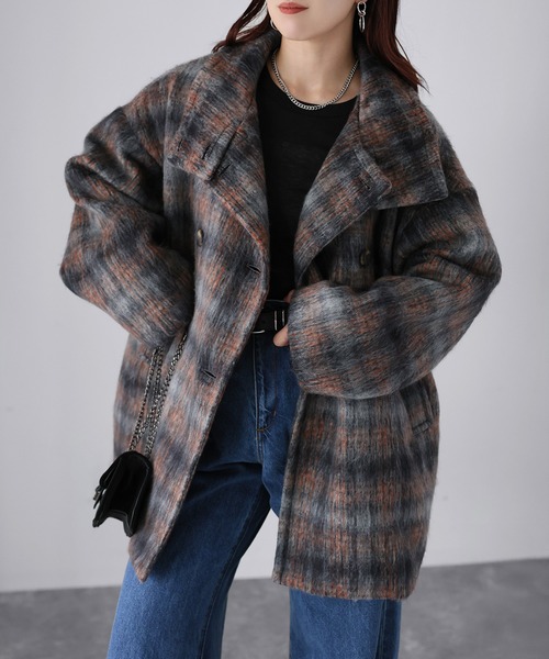 Riberry(リベリー)の「チェック柄ミドルコート(その他アウター・レディース・ブルー/オレンジ・MEDIUM)」の1枚目の写真