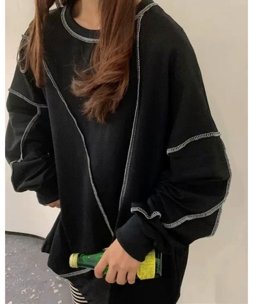CHEER(チアー)の「配色オーバーロックルーズロンT(Tシャツ/カットソー・レディース・ブラック/ホワイト・M)」の2枚目の写真