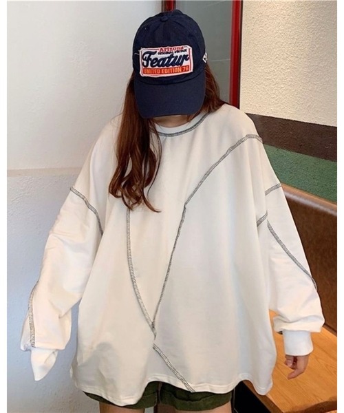 CHEER(チアー)の「配色オーバーロックルーズロンT(Tシャツ/カットソー・レディース・ブラック/ホワイト・M)」の3枚目の写真