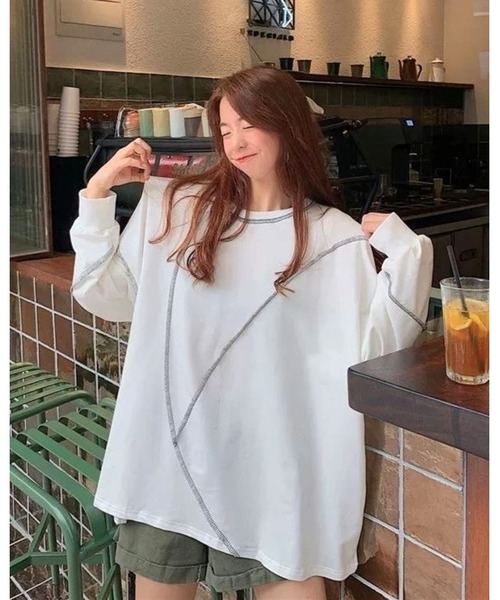 CHEER(チアー)の「配色オーバーロックルーズロンT(Tシャツ/カットソー・レディース・ブラック/ホワイト・M)」の9枚目の写真
