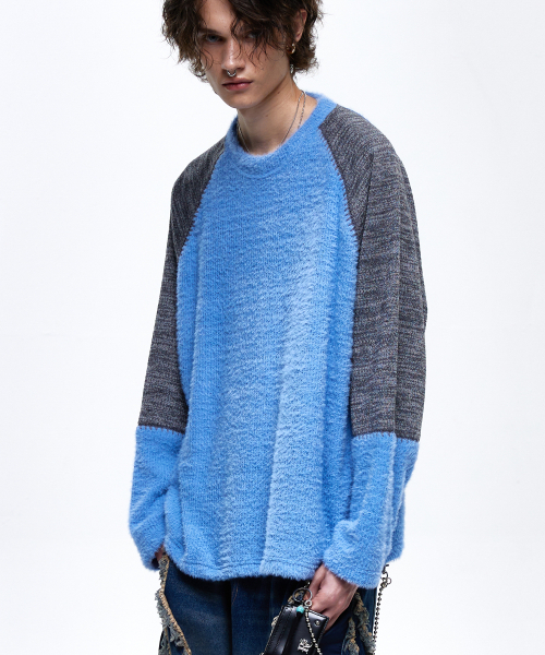 STITCHED HAIRY RAGLAN KNIT — синий