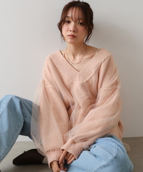 Bab(バブ)の「リバーシブルチュールレイヤードニット(ニット/セーター・レディース・アイボリー/ライトグレー/ピンク・FREE)」の4枚目の写真