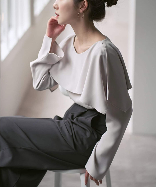 noble ケープブラウス サックス 完売品】NOBLE ケープフリルブラウス サックスブルー ノーブル NOBLE