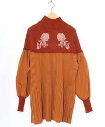 iS ScoLar | 553264：花刺繍ニット×プリーツ異素材切替プルオーバー(Tシャツ/カットソー)