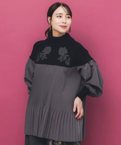 iS ScoLar（イズスカラー）の「553264：花刺繍ニット×プリーツ異素材切替プルオーバー（Tシャツ/カットソー・レディース・カーキ/ブラック/オレンジ・M）」の5枚目の写真