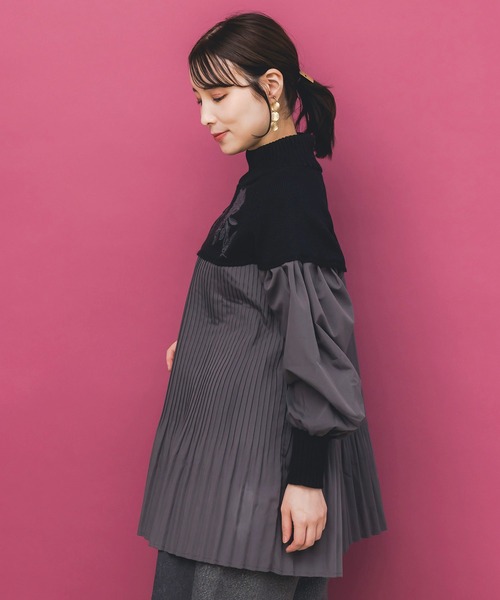 iS ScoLar（イズスカラー）の「553264：花刺繍ニット×プリーツ異素材切替プルオーバー（Tシャツ/カットソー・レディース・カーキ/ブラック/オレンジ・M）」の6枚目の写真