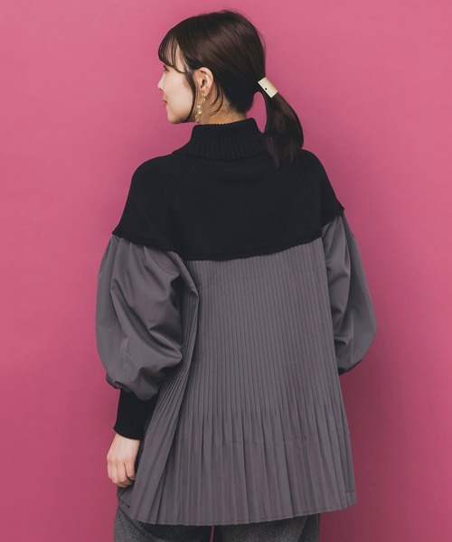 iS ScoLar（イズスカラー）の「553264：花刺繍ニット×プリーツ異素材切替プルオーバー（Tシャツ/カットソー・レディース・カーキ/ブラック/オレンジ・M）」の7枚目の写真