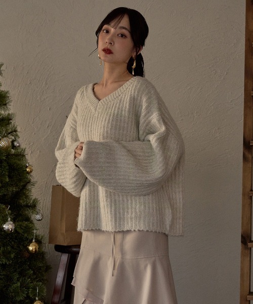 mideal(マイディール)の「V neck border knit / Vネックボーダーニット(ニット/セーター・レディース・ブルー/アイボリー/ピンク・FREE)」の7枚目の写真