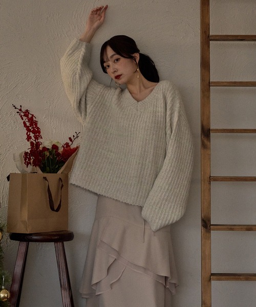 mideal(マイディール)の「V neck border knit / Vネックボーダーニット(ニット/セーター・レディース・ブルー/アイボリー/ピンク・FREE)」の13枚目の写真