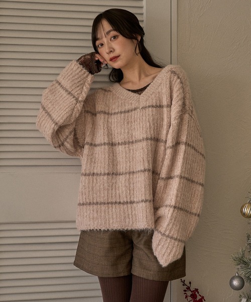mideal(マイディール)の「V neck border knit / Vネックボーダーニット(ニット/セーター・レディース・ブルー/アイボリー/ピンク・FREE)」の5枚目の写真