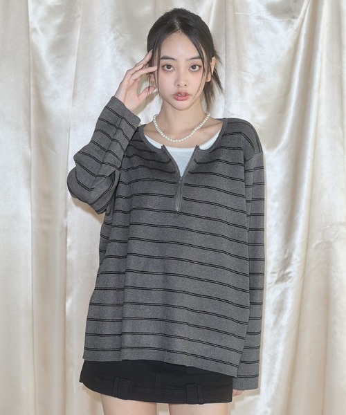 MSGirl（エムエスジーガール）の「フェイクレイヤードボーダーニット（ニット/セーター・レディース・グレー/ブラック・F）」の2枚目の写真