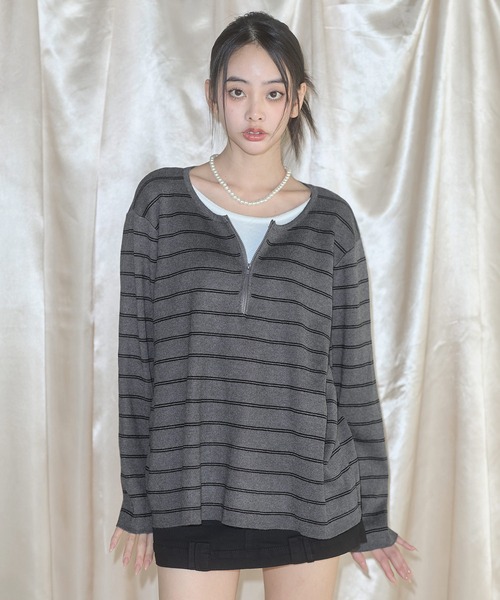 MSGirl（エムエスジーガール）の「フェイクレイヤードボーダーニット（ニット/セーター・レディース・グレー/ブラック・F）」の3枚目の写真