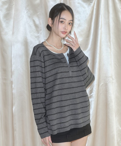 MSGirl（エムエスジーガール）の「フェイクレイヤードボーダーニット（ニット/セーター・レディース・グレー/ブラック・F）」の4枚目の写真