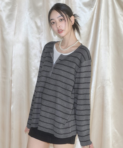 MSGirl（エムエスジーガール）の「フェイクレイヤードボーダーニット（ニット/セーター・レディース・グレー/ブラック・F）」の5枚目の写真