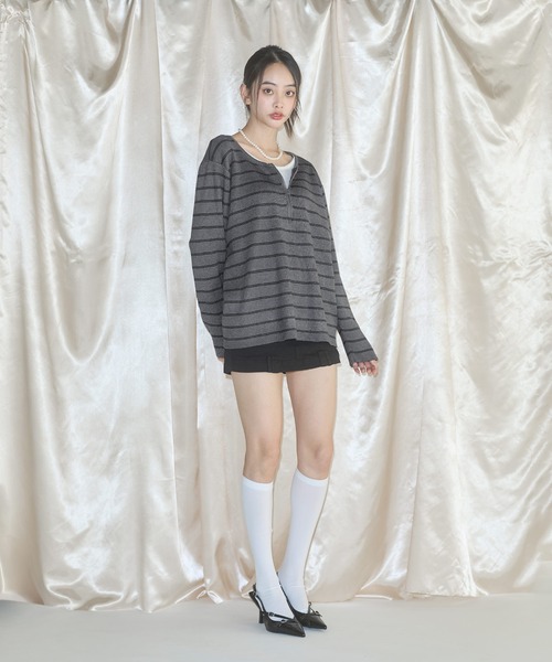 MSGirl（エムエスジーガール）の「フェイクレイヤードボーダーニット（ニット/セーター・レディース・グレー/ブラック・F）」の9枚目の写真