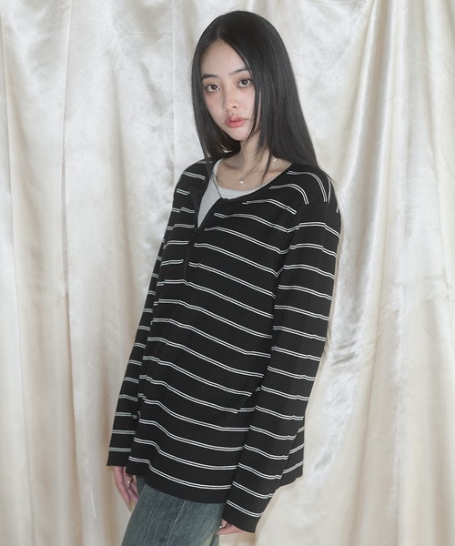 MSGirl（エムエスジーガール）の「フェイクレイヤードボーダーニット（ニット/セーター・レディース・グレー/ブラック・F）」の22枚目の写真