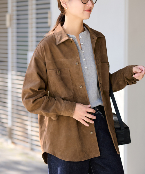 FRAMeWORK（フレームワーク）の「THRIFTY LOOK 別注 SUEDESHIRTブルゾン（ライダースジャケット・レディース・ブラウン・FREE）」の15枚目の写真