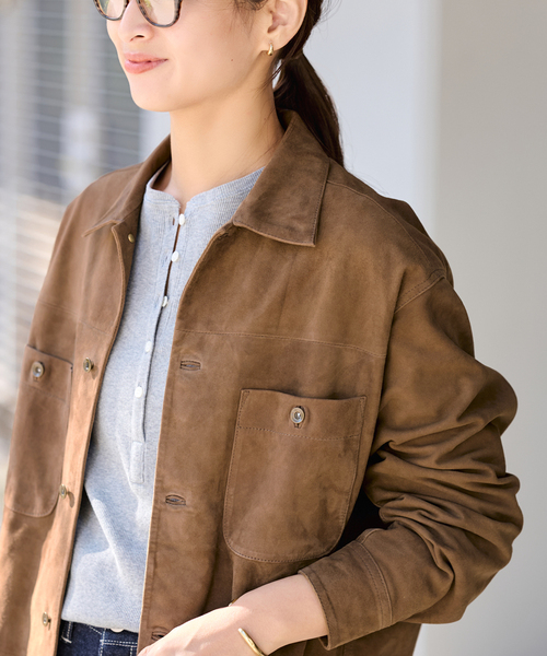 FRAMeWORK（フレームワーク）の「THRIFTY LOOK 別注 SUEDESHIRTブルゾン（ライダースジャケット・レディース・ブラウン・FREE）」の12枚目の写真