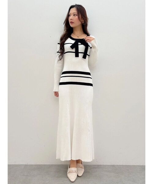 MERCURYDUO（マーキュリーデュオ）の「バイカラーリボンリブニットワンピース（ワンピース・レディース・ブラック/オフホワイト・SMALL/MEDIUM）」の14枚目の写真