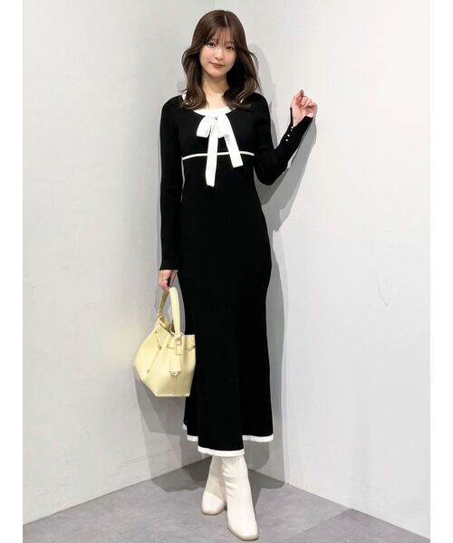 MERCURYDUO（マーキュリーデュオ）の「バイカラーリボンリブニットワンピース（ワンピース・レディース・ブラック/オフホワイト・SMALL/MEDIUM）」の17枚目の写真