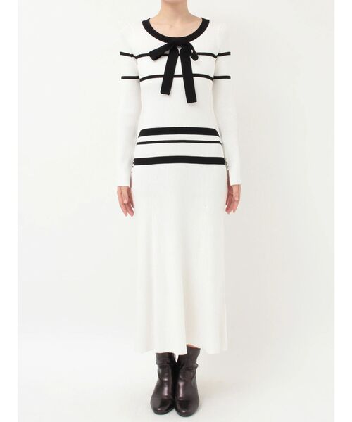 MERCURYDUO（マーキュリーデュオ）の「バイカラーリボンリブニットワンピース（ワンピース・レディース・ブラック/オフホワイト・SMALL/MEDIUM）」の5枚目の写真