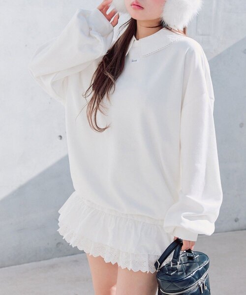 OLIVE des OLIVE（オリーブデオリーブ）の「【衿取り外し可】裾レースチュニック（スウェット・レディース・オフホワイト/ネイビー/ピンク/トップグレー・FREE）」の2枚目の写真