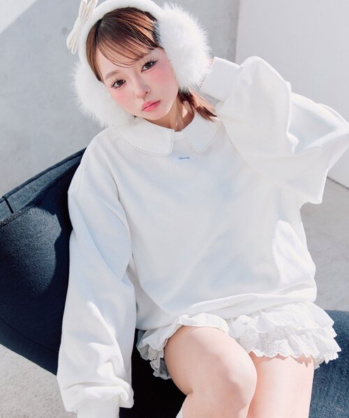 OLIVE des OLIVE（オリーブデオリーブ）の「【衿取り外し可】裾レースチュニック（スウェット・レディース・オフホワイト/ネイビー/ピンク/トップグレー・FREE）」の8枚目の写真