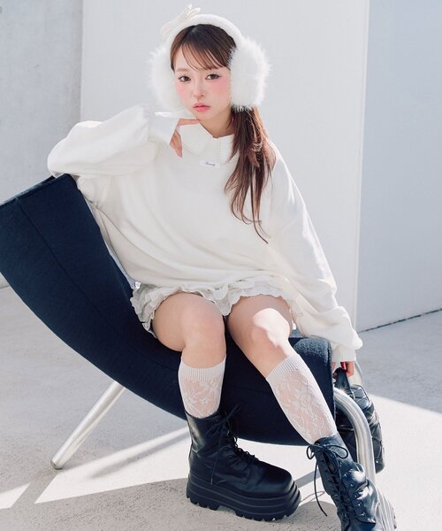 OLIVE des OLIVE（オリーブデオリーブ）の「【衿取り外し可】裾レースチュニック（スウェット・レディース・オフホワイト/ネイビー/ピンク/トップグレー・FREE）」の14枚目の写真