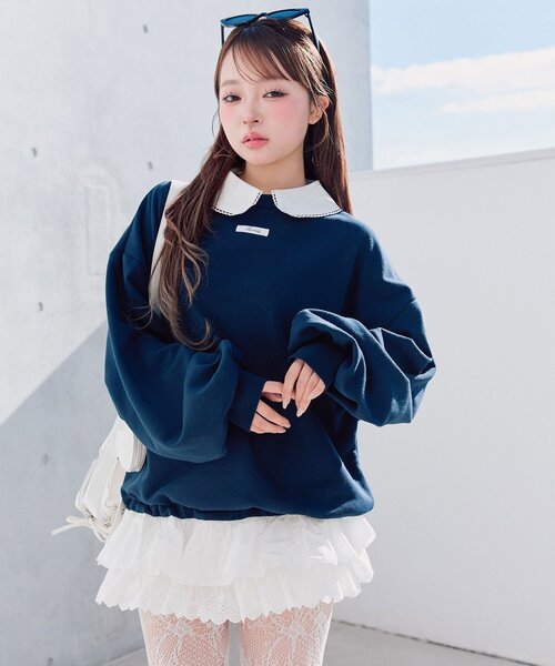 OLIVE des OLIVE（オリーブデオリーブ）の「【衿取り外し可】裾レースチュニック（スウェット・レディース・オフホワイト/ネイビー/ピンク/トップグレー・FREE）」の20枚目の写真