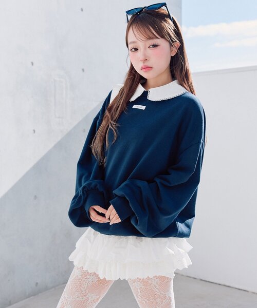 OLIVE des OLIVE（オリーブデオリーブ）の「【衿取り外し可】裾レースチュニック（スウェット・レディース・オフホワイト/ネイビー/ピンク/トップグレー・FREE）」の5枚目の写真
