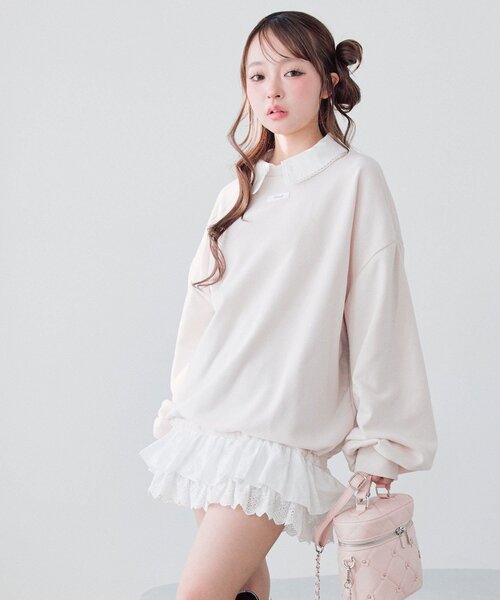 OLIVE des OLIVE（オリーブデオリーブ）の「【衿取り外し可】裾レースチュニック（スウェット・レディース・オフホワイト/ネイビー/ピンク/トップグレー・FREE）」の6枚目の写真