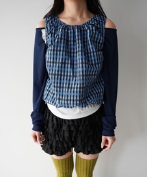 SANSeLF | 【SANSeLF】ギンガムチェックギャザーノースリーブトップス saw26s015(Tシャツ/カットソー)