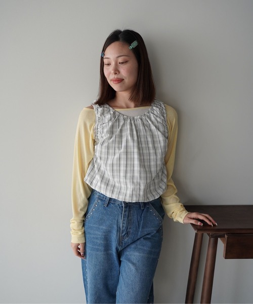 SANSeLF（サンセルフ）の「【SANSeLF】ギンガムチェックギャザーノースリーブトップス saw26s015（Tシャツ/カットソー・レディース・ネイビー/ホワイト・FREE）」の3枚目の写真