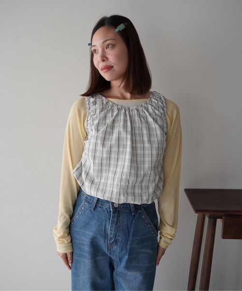 SANSeLF（サンセルフ）の「【SANSeLF】ギンガムチェックギャザーノースリーブトップス saw26s015（Tシャツ/カットソー・レディース・ネイビー/ホワイト・FREE）」の4枚目の写真