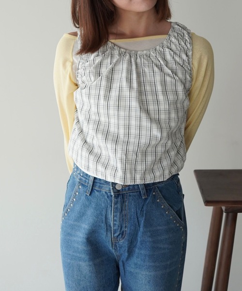 SANSeLF（サンセルフ）の「【SANSeLF】ギンガムチェックギャザーノースリーブトップス saw26s015（Tシャツ/カットソー・レディース・ネイビー/ホワイト・FREE）」の5枚目の写真