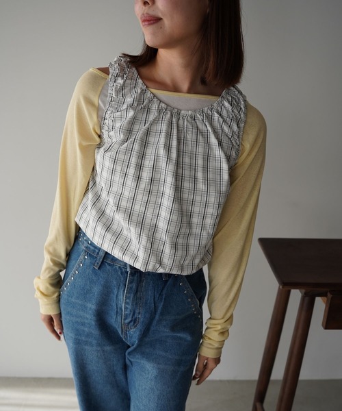 SANSeLF（サンセルフ）の「【SANSeLF】ギンガムチェックギャザーノースリーブトップス saw26s015（Tシャツ/カットソー・レディース・ネイビー/ホワイト・FREE）」の6枚目の写真