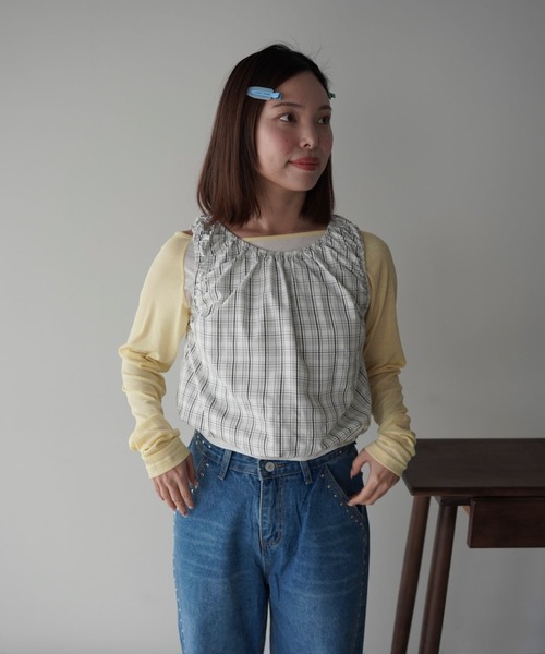 SANSeLF（サンセルフ）の「【SANSeLF】ギンガムチェックギャザーノースリーブトップス saw26s015（Tシャツ/カットソー・レディース・ネイビー/ホワイト・FREE）」の7枚目の写真