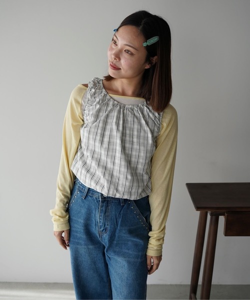 SANSeLF（サンセルフ）の「【SANSeLF】ギンガムチェックギャザーノースリーブトップス saw26s015（Tシャツ/カットソー・レディース・ネイビー/ホワイト・FREE）」の8枚目の写真