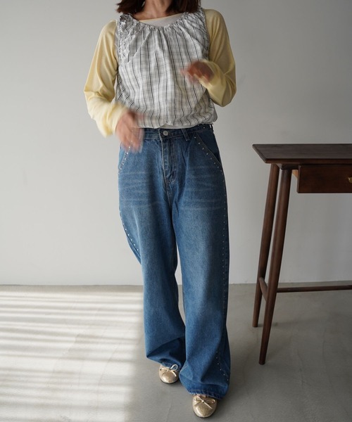 SANSeLF（サンセルフ）の「【SANSeLF】ギンガムチェックギャザーノースリーブトップス saw26s015（Tシャツ/カットソー・レディース・ネイビー/ホワイト・FREE）」の10枚目の写真