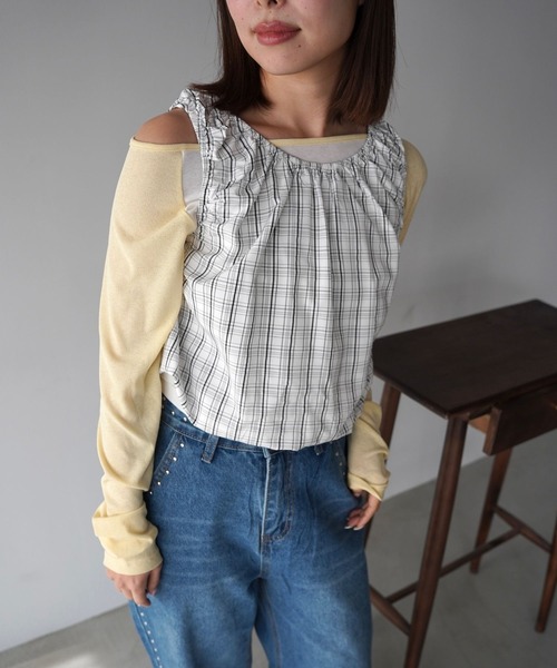 SANSeLF（サンセルフ）の「【SANSeLF】ギンガムチェックギャザーノースリーブトップス saw26s015（Tシャツ/カットソー・レディース・ネイビー/ホワイト・FREE）」の12枚目の写真